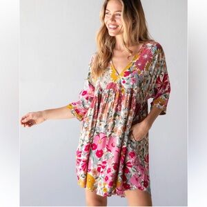 Natural Life Floral Stella Dress Deep V Neck Loose Fit Rayon Pockets Women’s XL